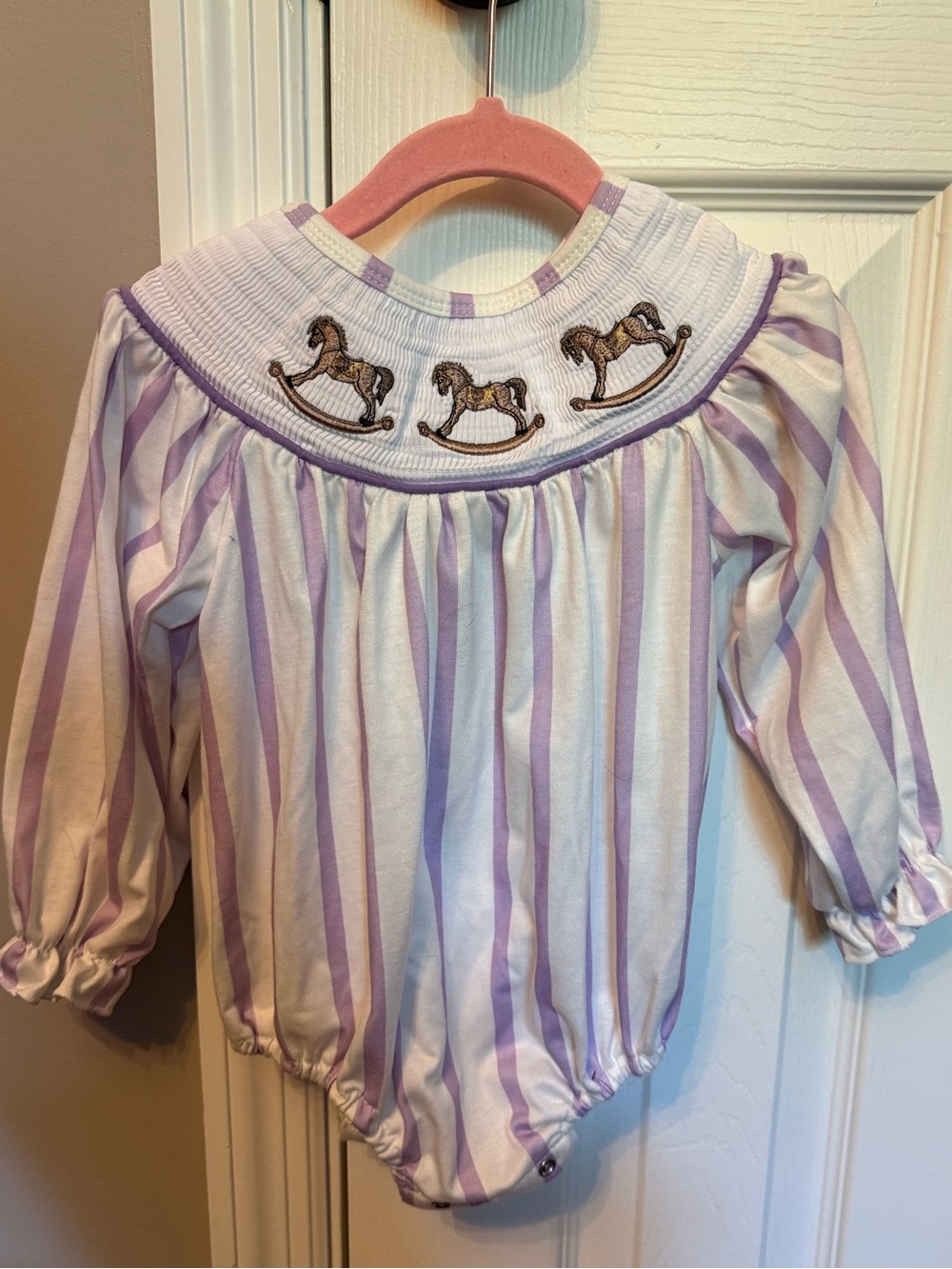Smocked Rocking Horse Long-Sleeve Baby Bodysuit - Lavender Stripe
